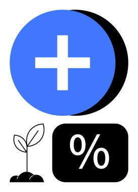 Artı mavi dairedeki işaret, siyah dikdörtgendeki yüzde işareti ve topraktan filizlenen tomurcuk. Büyüme, finans, iş, tasarruf, sürdürülebilirlik geliştirme ve ilerleme kavramları için ideal. Düz