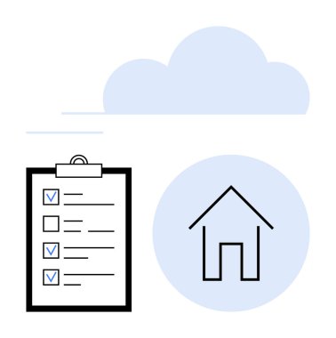 Mavi bulut, listeli pano ve daire çerçeveli ev simgesi. Üretkenlik, organizasyon, gayrimenkul, sigorta, hedef belirleme, bulut depolama ve basit iniş sayfası için ideal