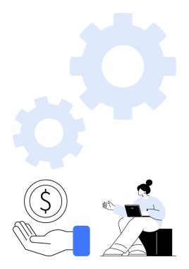 Dizüstü bilgisayarda çalışan bir kadın el hareketleriyle birbirine kenetlenmiş dişlilerin altında bozuk para tutuyor. İş, finans, takım çalışması, üretkenlik, girişimcilik, yatırım, basit iniş sayfası için ideal