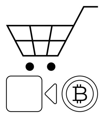 Video oyun düğmesinin üstünde alışveriş arabası ve elektronik ticareti, ödemeyi ve dijital ticareti temsil eden Bitcoin madeni para. Çevrimiçi alışveriş, kripto para birimi, video platformları, fintech, perakende, sanal