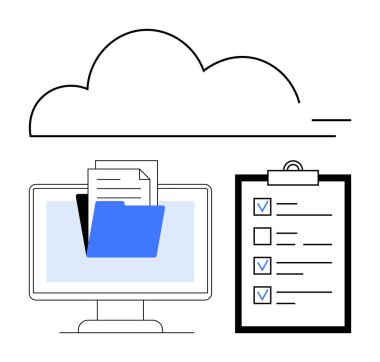Dizin ve dosyaları olan masaüstü monitörü, işaretli görevleri olan kontrol listesi ve bulut simgesi. Dijital iş akışı, üretkenlik, görev yönetimi, bulut hesaplama, dosya organizasyonu, çevrimiçi için ideal