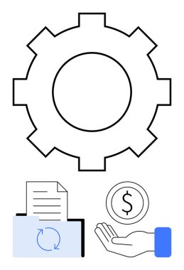 Sistem işlemlerini temsil eden dişliler, geri dönüşüm simgesini sembolize eden bir belge, mali yönetimi vurgulayan bir dolar sikke tutan bir el. İş süreçleri ve verimlilik için ideal
