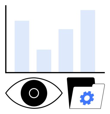 Veri eğilimlerini temsil eden çubuk grafik, izlemeyi sembolize eden göz ve ayarlar için teçhizatlı klasör simgesi. Veri görselleştirme, analitik, izleme, iş, bilgisayar, yönetim için ideal basit