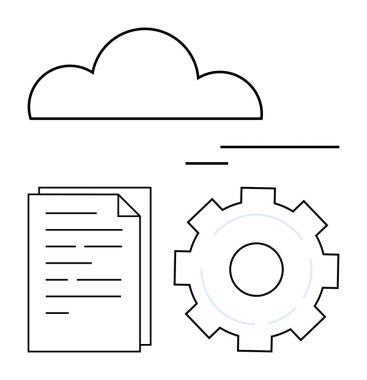 Veri depolamayı, dosya paylaşımını, otomasyonu ve işbirliğini sembolize eden belge ve teçhizat üzerinde bulut. Bulut hesaplama, iş akışı, dijital servis, yazılım, iş ve basit iniş sayfası için ideal