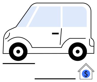 Küçük bir evin yanında dolar işareti olan küçük bir araba sürüyordu. Finansal planlama, ulaşım maliyeti, emlak, çevre dostu yaşam, tasarruf, hareketlilik ve basit bir iniş sayfası için ideal