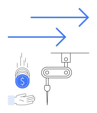 Robotik kol işleme ödemesi ile otomatik finans sistemi, ellere düşen paralar, iş akışını simgeleyen mavi oklar. Teknoloji, otomasyon, finans, yenilik ve iş için ideal