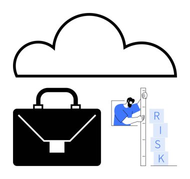 Bulut çizgisi, evrak çantası ikonu, risk bloklarını ölçen kişi. İş, risk yönetimi, bulut hesaplama, veri güvenliği, strateji planlaması, basit iniş sayfaları için ideal