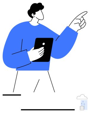 Teknolojiyi ima eden küçük veri yükleme simgesi, ileri yönde hareket ederken, modern minimal sanat tarzı tablet tutan kişi. Teknoloji için ideal, bulut hesaplama, yenilik, liderlik, yön