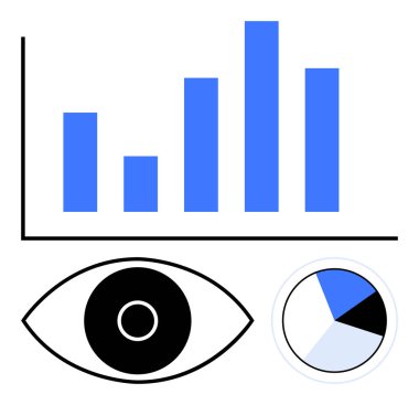 Bar tablosu, dairesel pasta tablosu ve veri analizlerini, eğilimleri, sezgileri ve izlemeyi sembolize eden grafik göz. Veri analizi, araştırma, istatistik sektörü genel değerlendirmesi için ideal