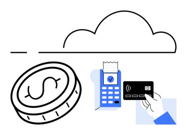 Bozuk para, ödeme terminali, bağlantısız kart ve güvenli işlemleri ve dijital finansmanı gösteren bulut. Fintech, online alışveriş, nakitsiz toplum, e-ticaret, girişim bankacılığı için ideal