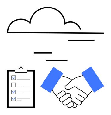Bulut elemanı, tokalaşma ve kontrol listesi iletişimi, takım çalışmasını, güveni, başarıyı vurguluyor. Teknoloji, iş, anlaşma işbirliği organizasyon ortaklıkları için ideal basit iniş sayfası