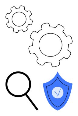 İşlemi gösteren dişliler, analiz için büyüteç ve güvenliği simgeleyen bir kalkan. Teknoloji, araştırma, yenilik, güvenlik, süreç iyileştirme ve basit iniş sayfası için ideal