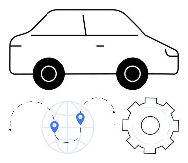 Araba silueti, konum işaretleyicili küre ve vites simgesi. Akıllı araçlar, GPS, IOT, telematik, otomatik bağlantı, basit iniş sayfası için ideal