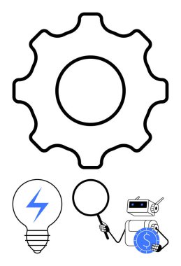 Ampul, büyüteç ve para taşıyan robot, takım çalışmasını, teknolojiyi, yeniliği, analizi, problem çözme otomasyonunu ve endüstriyel ilerlemeyi betimliyor. İdeal