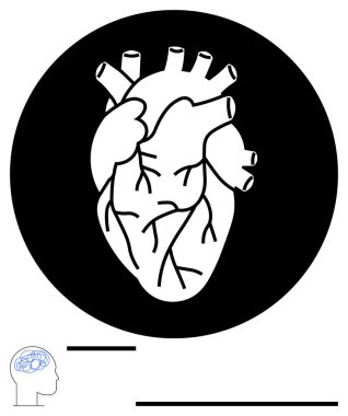 Cesur siyah çemberle çevrili anatomik kalp, ayrıntılı arterler ve damarlar içeriyor. Sağlık, bilim, eğitim, anatomi, biyoloji, kardiyoloji veya sağlık kavramları için idealdir. Düz basit metafor