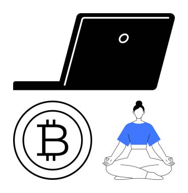 Dizüstü bilgisayar, bitcoin ikonu ve bacak bacak bacak üstüne atmış meditasyon yapan bir kadın. Uzaktan çalışma, kripto para birimi, farkındalık, teknolojik yaşam tarzı, finansal bağımsızlık, yoga düz metaforu için ideal