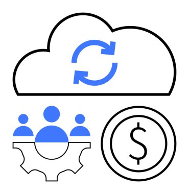 Senkronize sembollü bulut, takım simgeleri, dolar işaretli işbirliği, finans ve dijital senkronizasyon. İş, takım çalışması, finans, bulut teknolojisi otomasyon yönetimi için ideal