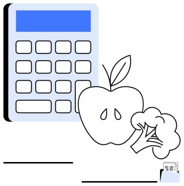 Elma ve brokoli dışında hesap makinesi beslenme, bütçe ve yemek planlamasını gösteriyor. Sağlık, finans, gıda takibi, market alışverişi, bütçe eğitimi ve strateji görselleri için ideal. Düz