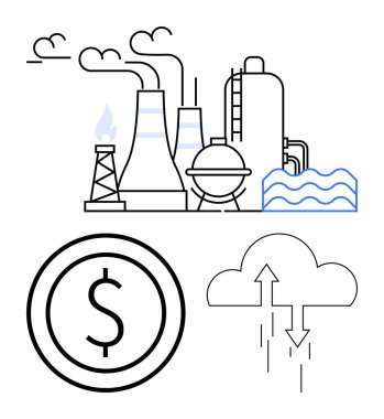 Duman, bulut ve su elementleri yayan endüstriyel tesis dolar işareti, bulut veri transferi okları. Sanayi, ekonomi, çevre, sürdürülebilirlik, finans teknolojisi için ideal dijital