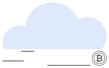 Asgari çizgilerin ve Bitcoin logosunun üzerinde büyük mavi bulut. Finans, kripto para birimi, bulut deposu, blok zinciri, fintech, dijital ekonomi ve güvenlik için ideal. Düz basit metafor