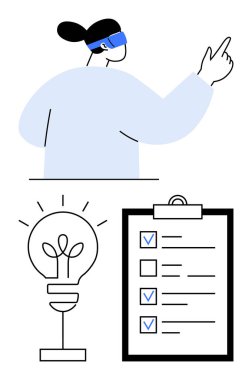 Geleceği gösteren VR kulaklık takan kişi, görev yönetimini sembolize eden kontrol listesi ve yeniliği temsil eden ampul. Teknoloji, eğitim, üretkenlik ve yaratıcılık için ideal