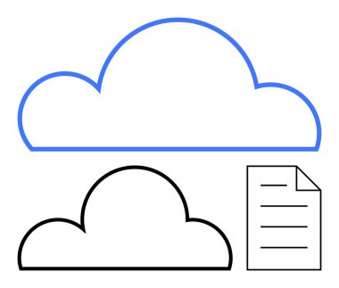 Geniş çizgili bulut, daha küçük doldurulmuş bulut ve metin dosyası. Veri depolama, dosya paylaşımı, bulut hesaplama, ağ oluşturma, organizasyon, işbirliği dairesi için ideal basit metafor