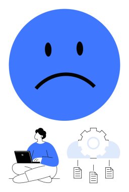 Hüzünlü mavi yüz hüsranı simgeliyor, kullanıcı dizüstü bilgisayarda daktilo kullanıyor, veri ve iş akışı sorunlarını temsil eden bağlantılı belgelerle donanıyor. Teknolojik zorluklar, hatalar, verimsizlik, destek, verimlilik için ideal