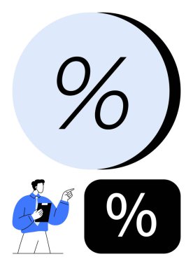 Dairesel ve dikdörtgen şekillerde, elinde bir pano tutan ve el kol hareketi yapan bir işadamıyla kalın bir yüzde işareti. Finans, iş, istatistik, büyüme, veri, satış ve eğitim için ideal. Düz basit