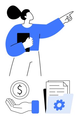 Kadın figürü bir defter tutarken öne doğru hareket eder. Aşağıda finansal büyümeyi, belgeleri ve verimliliği temsil eden ikonlar yer alıyor. İş, eğitim, strateji ve yenilik için ideal