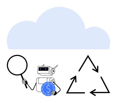 Bulutların altındaki geri dönüşüm oklarının yanında büyüteç ve para tutan robot keşif, sürdürülebilirlik, dijital dönüşüm, ekolojik yenilik, yapay zeka sezgileri, kaynak verimliliğini temsil ediyor. İdeal