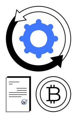 Otomasyon işlemleri için dairesel oklar etrafını sarar. İmzalanmış belge ve Bitcoin aşağıda asılı duruyor. Teknoloji için ideal, engelleme zinciri, kripto para birimi, sözleşmeler, fintech, yenilik, ekonomi sade