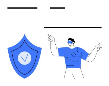 Mavi teknolojili bir kıyafetle sanal gerçeklikle uğraşan bir adam dışa dönük işaret ederken, işaretli bir kalkan da güveni iletir. Oyun, teknoloji, güvenlik, güvenlik, güvenlik, yenilik, sanal deneyim için ideal