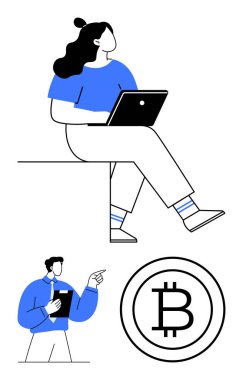 Dizüstü bilgisayar kullanan bir kadın, elinde belge tutan ve işaret eden bir adam, Bitcoin logosu. Engelleme zinciri, kripto para birimi, finans, eğitim, işbirliği yatırımlar için idealdir. Düz basit metafor