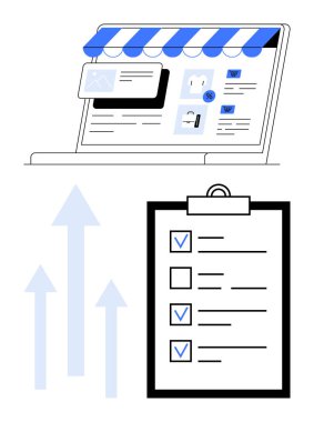 Çevrimiçi mağaza arayüzü olan dizüstü bilgisayar, panoda görev kontrol listesi ve yukarı bakan oklar. İş stratejisi, e-ticaret, üretkenlik, büyüme, görev yönetimi, basit bir iniş sayfası planlamak için ideal