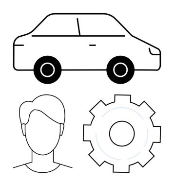 Araba profili, insan kafası silueti ve ulaşım, otomasyon ve takım çalışmasını sembolize eden ekipman. Teknoloji, otomotiv endüstrisi, mekanik ve yenilik sistemleri için ideal takım çalışması