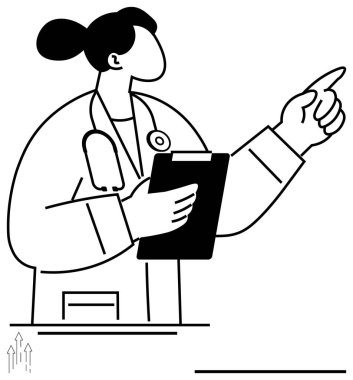 Doktor, boynunda steteskop olan bir not panosu tutuyor. Sağlık, tıbbi rehberlik, takım çalışması, liderlik, eğitim, iletişim için ideal metafor