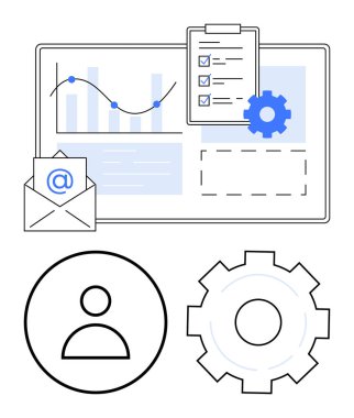 Çizgi grafiği, panosu, teçhizatı, e-posta işaretli zarfı, kullanıcı profili olan analiz çizelgesi. Teknoloji, iş akışı, verimlilik, analitik iletişim iş stratejisi için ideal basit iniş