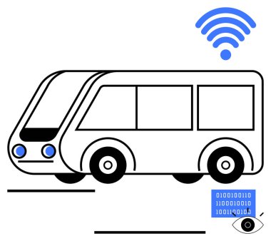 Kablosuz sembol ve veri görselleştirme unsurlarıyla otomatik çalışan otobüs tasarımı. Akıllı şehirler için ideal, ulaşım, otomasyon, Al, IoT, ağ oluşturma, yenilik, basit iniş sayfası