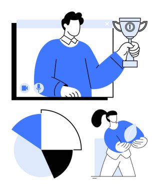 Videodaki başarıyı kupayla kutluyor. Diğer elementler arasında elinde bir yaprak ve pasta grafiği tutan ekolojik bilinçli kadın da yer alıyor. Başarı, takım çalışması, ekoloji ve dijital iletişim için ideal