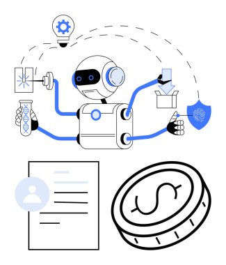 Robot veri analizi, biyometrik işlemler, belgelerle ilgilenme, görevleri yönetme ve para. Yapay zeka, otomasyon, yenilik, teknolojik çözümler için ideal. Güvenliği ve basit iniş sayfasını finanse edin.