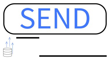 Yukarı ok ve veri yığını içeren Kalın Gönder düğmesi, dosya transferini, e- postayı veya ileti gönderimini simgeliyor. Teknoloji, iletişim, internet hizmetleri, e-posta, yazılım bulutları depolama için ideal