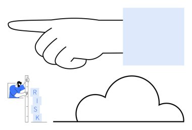 Geniş bir el öne bakıyor, risk merdivenine tırmanıyor ve bulut çizgisi çiziyor. Basit bir iniş için risk değerlendirmesi, liderlik, strateji, hedefler, problem çözme, basitlik ve yaratıcılık için ideal