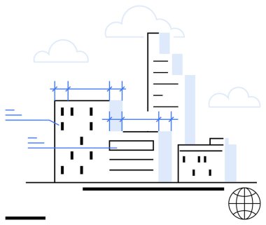 Şehrin ufuk çizgisi inşaat ilerlemesini, iskeleyi ve dijital bağlantı örtüsünü vurguluyor. Gayrimenkul, mimari, kentsel planlama, teknoloji, yenilik, küreselleşme için ideal basit
