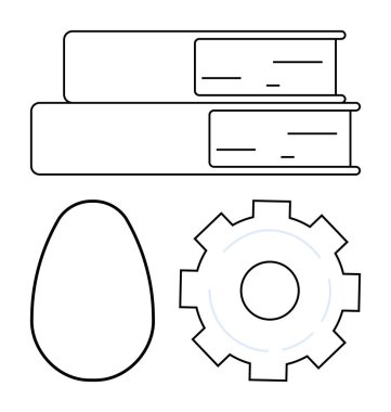 Birikmiş kitaplar, dişliler ve soyut yumurta şekli bilgi, yenilik, denge ve yaratıcılığı simgeler. Eğitim, teknoloji, icat araştırmalar kendi kendini geliştirme verimliliği için idealdir.