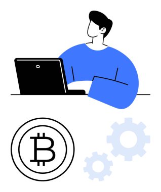 Masada dizüstü bilgisayar kullanan bir adam, şifrelemeyi sembolize eden Bitcoin simgesi, engelleme mekanizmasını sembolize eden dişliler. Fintech, kripto para birimi, engelleme zinciri, teknoloji, finans, yenilik dijital için ideal