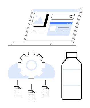 Kaynak yönetimini önermek için bir bulut dişlisine bağlanan dosyalarla dizüstü bilgisayar arayüzü. Şişe ana hatları sürdürülebilirlik odaklanma ipucu. Veri depolama, takım çalışması, eko-teknoloji ve analitik için ideal