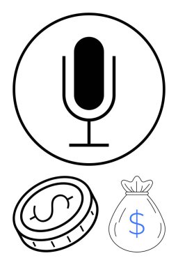 Çemberin içinde bir mikrofon, bir dolar sikke ve dolar sembollü bir para çantası tasarımı. Podcasting, sesli para kazanma, iş, dijital pazarlama, iletişim, medya için ideal