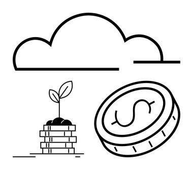 Bitkinin filizlendiği bozuk para yığınının üstündeki bulut ana hatları teknoloji, yatırım ve büyümeyi sembolize eder. Sürdürülebilirlik, yeşil ekonomi, tasarruf, finans, yenilik, iş sade iniş sayfası için ideal