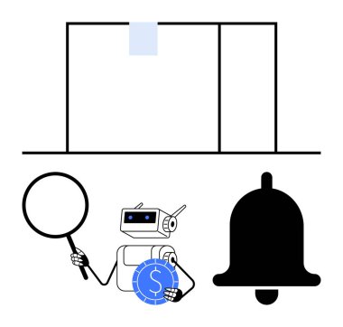 Bildirim zilinin yanında büyüteç ve para tutan robot, veri analizini, bildirimleri, teknolojiyi, finansal sezgileri sembolize ediyor. Otomasyon, finans, alarmlar ve araştırma izleme için ideal