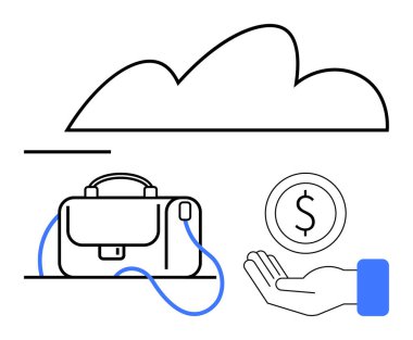 Bir iş çantasının üstünde bulut ve uzanmış bir elin üzerinde asılı duran bir bozuk para. Finans, teknoloji, bulut hesaplama, dijital cüzdanlar, iş çözümleri, ödeme platformları, basit iniş için ideal